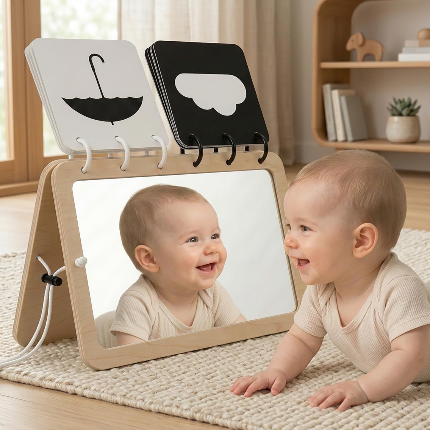 Woodtoe 2-in-1 Tummy Time Mirror, 0-180°Adjustable Angle Montessori Baby Toy, Double-Sided Design with High Contrast Black & White Cards, Shatterproof Baby Mirror for 0-18 Months Newborns Infants
