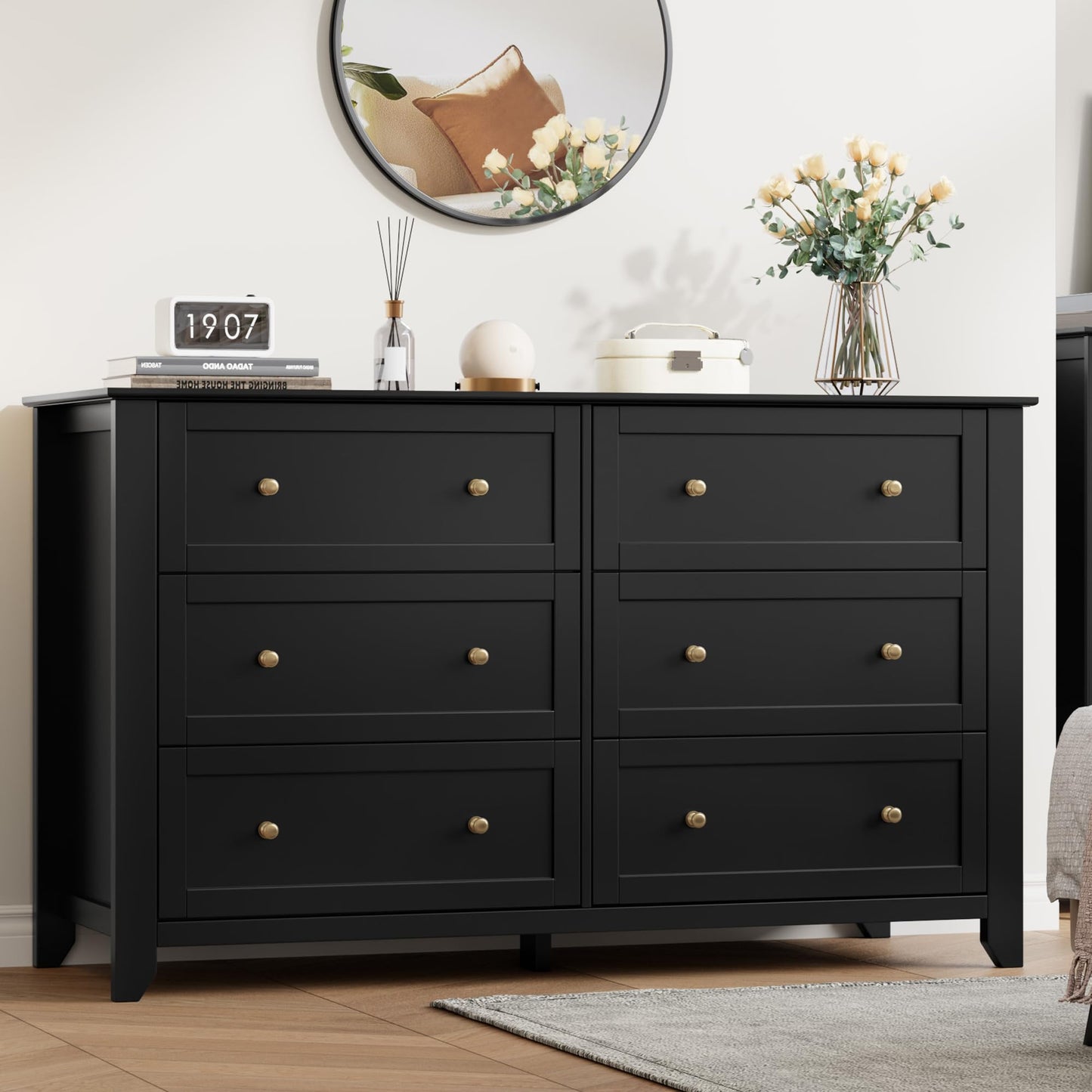 IDEALHOUSE Black 6 Drawer Dresser for Bedroom, 54" Wide Large Dresser with Deep Drawers & Metal Knobs, Modern Wooden Chests of Drawers for Entryway, Hallway