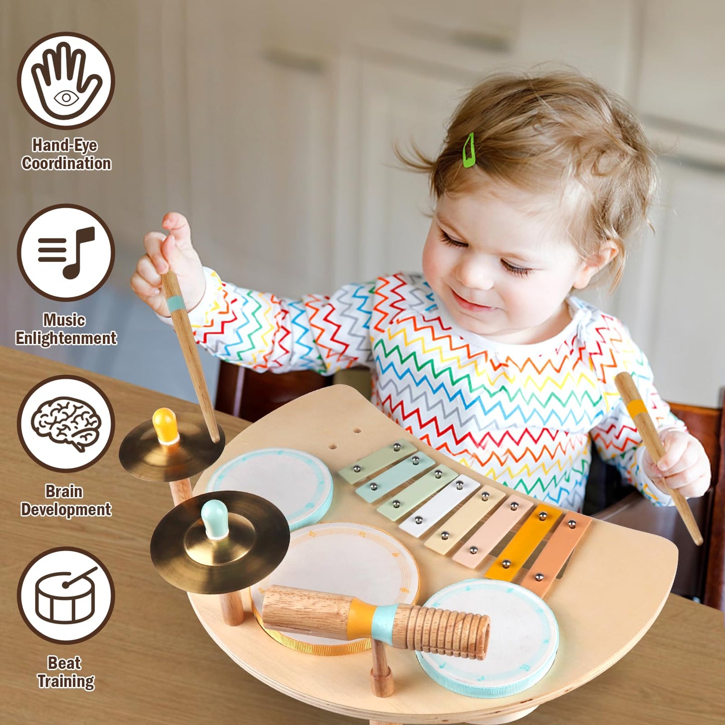 Toddlers Drum Set Toys for Toddlers 2-3,Baby Drum with Xylophone,Musical Instruments Toy, Kids Wooden Montessori Toys Birthday Gift for 18+ Months Boys Girls