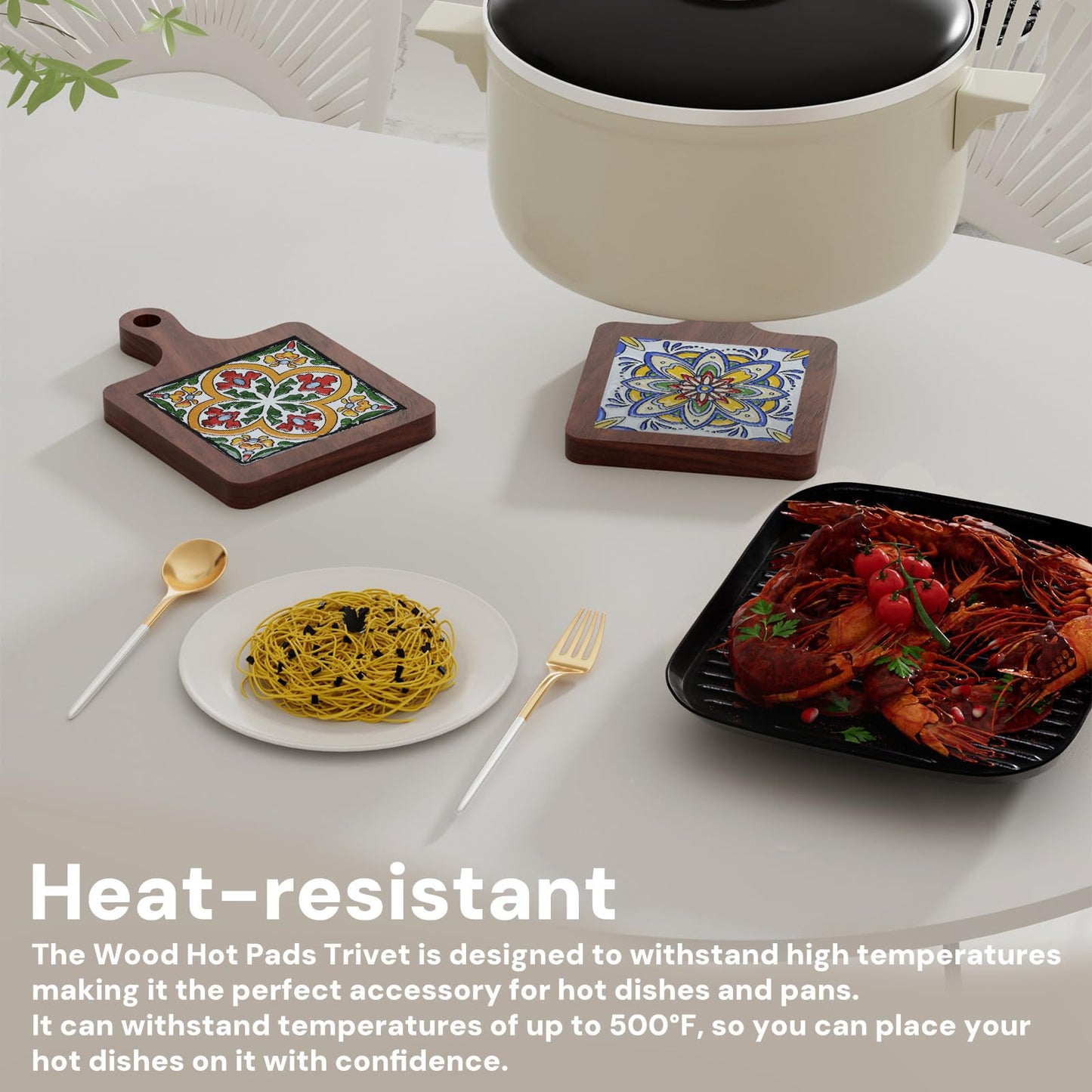 Wooden Trivets for Hot Dishes，3-PCS Set of Wooden Non-Slip Coasters with Stand,Base is Also a Cell Phone Holder,hot Pads for Kitchen，Trivets for hot pots and Pans,Hot Pad to Portect Your Countertop