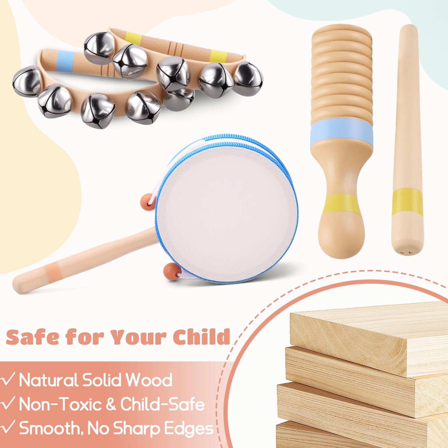 Baby Musical Instruments for Toddlers 1–3, Montessori Wooden Music Set with Drum Flute Clarinet Bells Cymbals, Toddler Musical Instruments Educational Kids Toys Birthday Gifts for Boys Girls