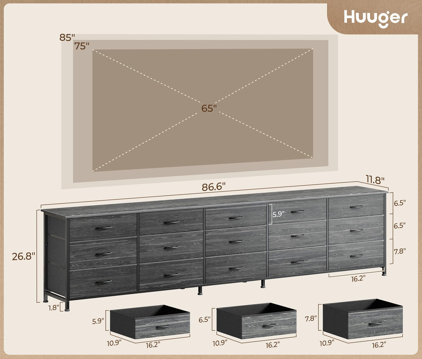Huuger 86.6 Inch Dresser for Bedroom, TV Stand for 65, 75, 85 Inch TV, 15 Fabric Drawer Long Dresser, Large Entertainment Center for Bedroom, Wide Chest of Drawer with Storage, Charcoal Black