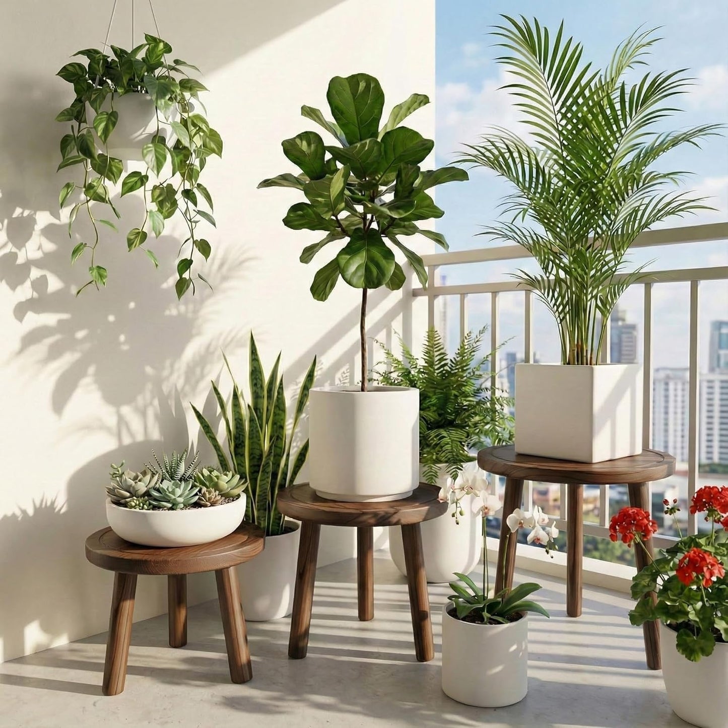 SEQUEDA 3-Pack Plant Stand Indoor, Single Wood Plant Stand for 6-12 Inch Pots, Modern Plant Stool for Large Plants, Wooden Plant Table Tall Plant Holder for Living Room Balcony Office (Dark Brown)