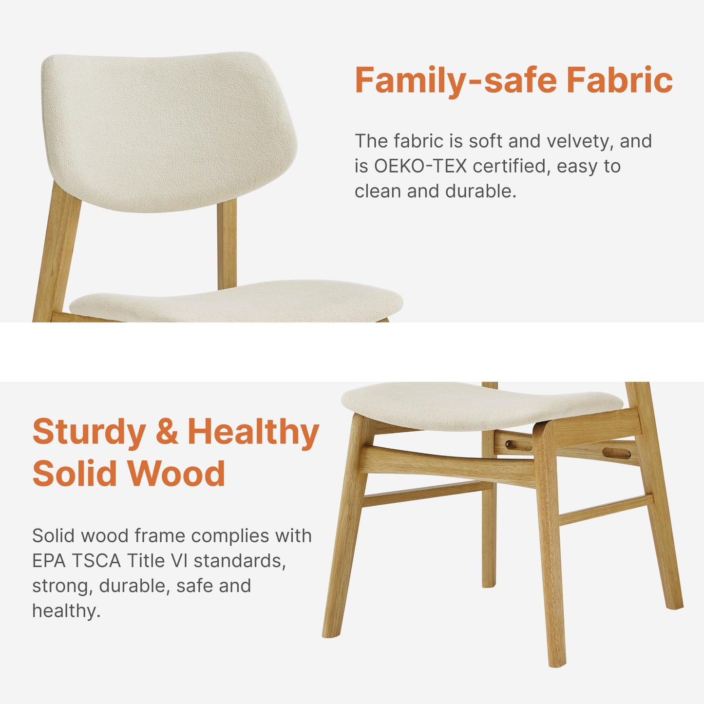 KISLOT Wooden Dining Chairs Set of 2, Upholstered Modern Dining Room Chairs, Solid Oak Wood Kitchen Chairs with Soft Cushion Backrest for Farmhouse, Restaurant, Café (Cream Fabric & Original Color)