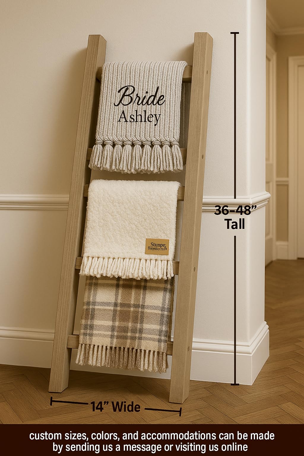 Rustic Blanket Ladder, 4 Feet Tall, 5 feet Tall, 6 feet Tall, Solid Wood, Multiple Stain Options (72 Inch Tall)
