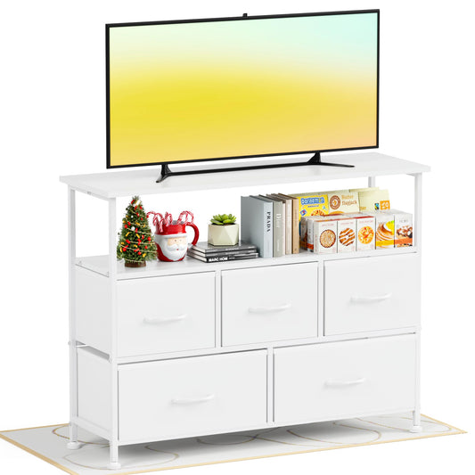 Simple Deluxe TV Stand Dresser for Bedroom Entertainment Center with 5 Fabric Drawers, Storage Organizers Units for Living Room, Media Console Table with Open Shelf up for 45" TV, White, Wood top