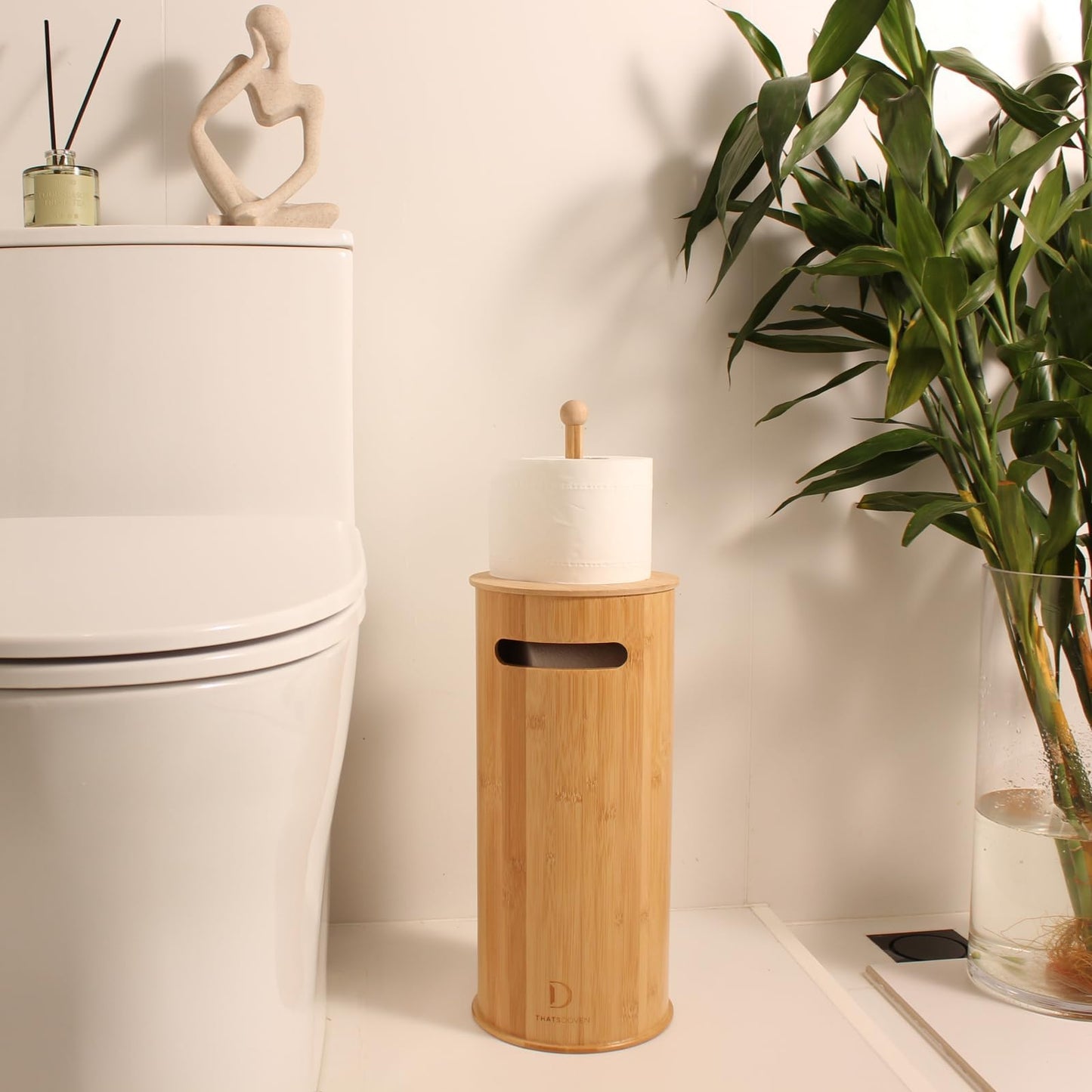 Toilet Paper Stand with 3-Roll Tissue Holder for Boho Bathroom, FreeStanding Bamboo Toilet Paper Holder,Wood Toilet Paper Storage with Lid.