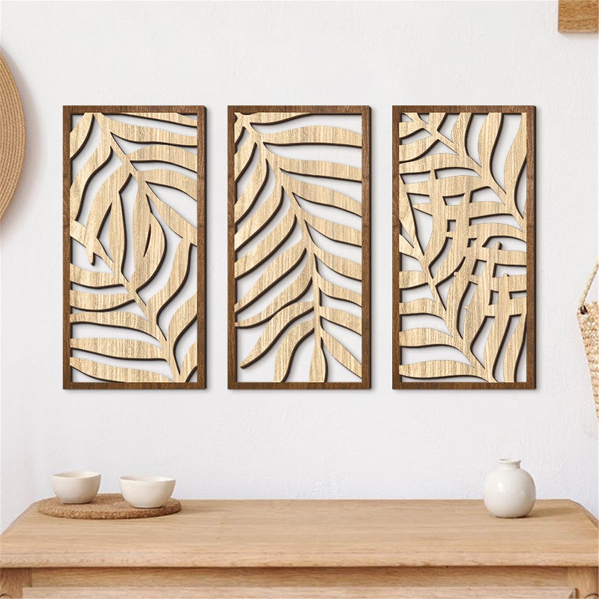 3 Pcs Tropical Leaf Wood Wall Art Decor, Wooden Minimalist Wall Hanging Decor, 3D Hollow Carved Craft Art Set, Boho Abstract Wall Sculptures Panels Decoration for Home Living Room Bedroom Kitchen (C)