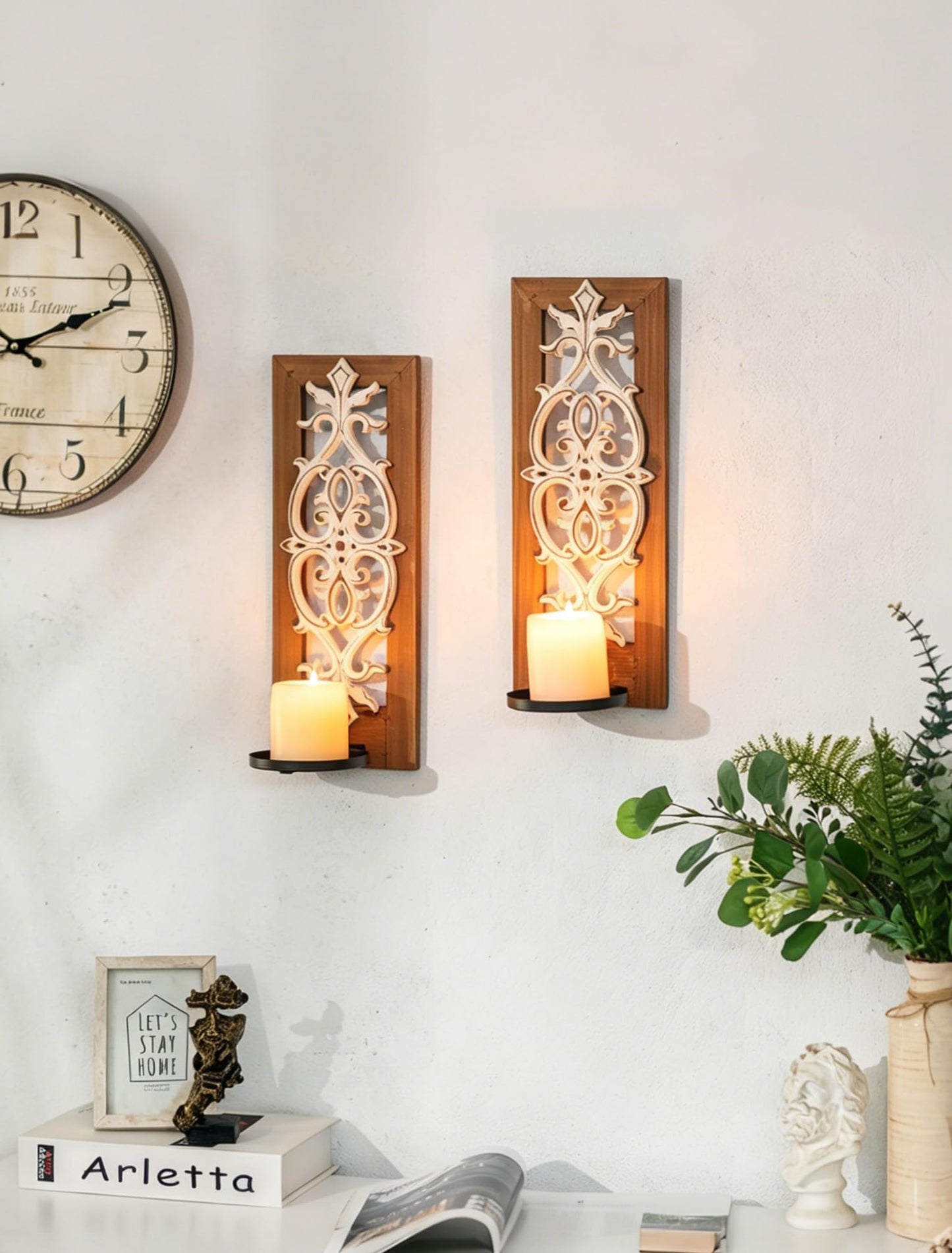 Farmhouse Wood Candle Sconces Wall Decor - Set of 2 Walasis Rustic Wall Candle Holder Decorative Carved Brown Candle Sconce Farmhouse Art Distressed Pillar Candles Holder for Fireplace Decor