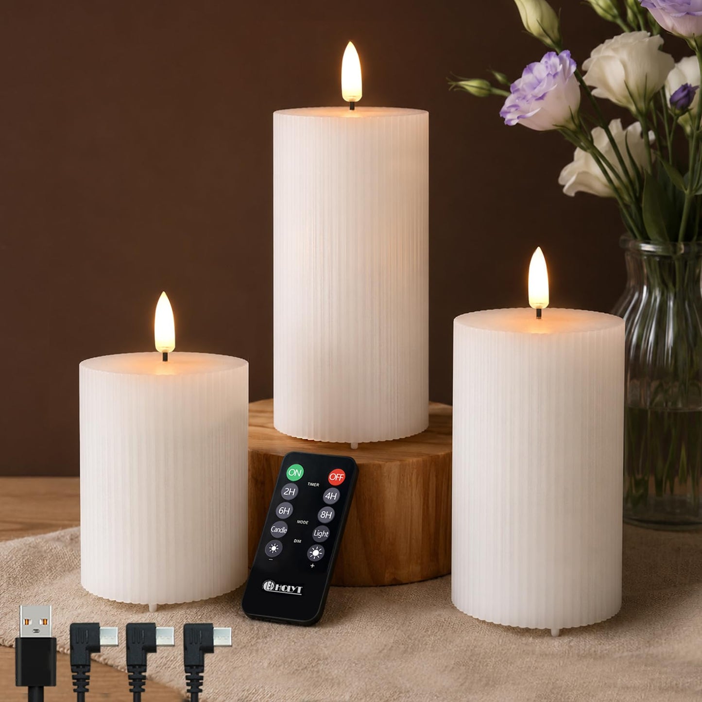 LEDHOLYT Rechargeable Flameless LED Pillar Candles–Luminous Real Wax Indoor Home Decor–Set of 3, Realistic Flickering LED Flame,Remote & Timer, USB-Rechargeable（White）