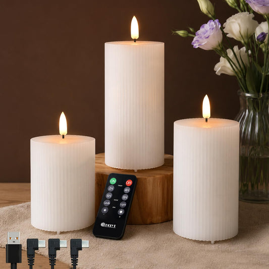LEDHOLYT Rechargeable Flameless LED Pillar Candles–Luminous Real Wax Indoor Home Decor–Set of 3, Realistic Flickering LED Flame,Remote & Timer, USB-Rechargeable（White）