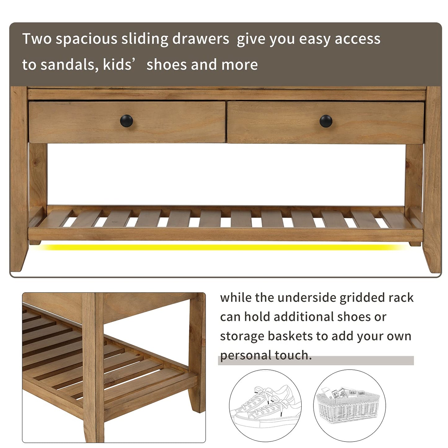 SPOFLYINN FQGXX_KITHJGUJW Gray White with Cushion Wooden Shelf Drawer Living Room Shoe Rack Bedroom Storage Seating Bench, One Size, Old Pine
