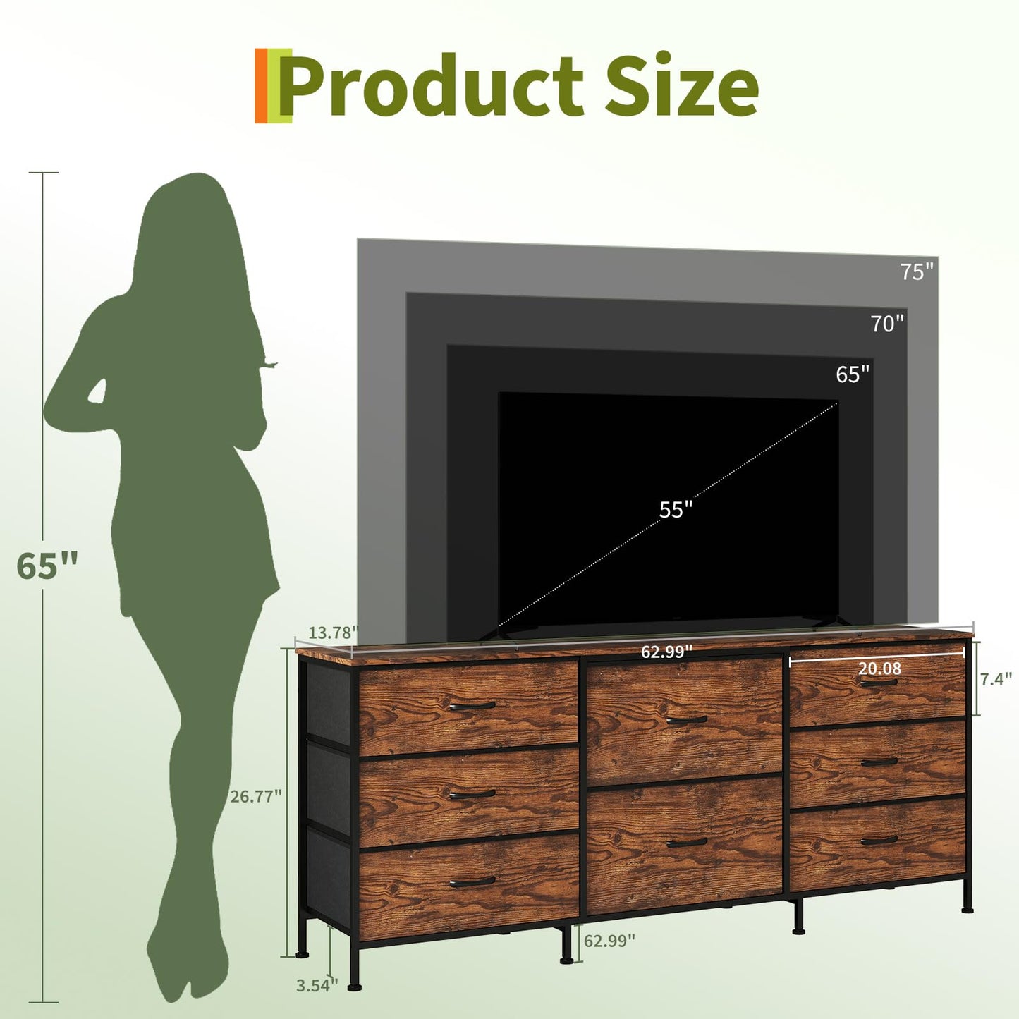 Garvee 8 Drawer Fabric Dresser TV Stand with Wooden Top, Metal Frame Storage Chest, Wide Closet Organizer for Bedroom Living Room Hallway, Natural Wood, 62.99 x 26.77 x 13.79 Inches