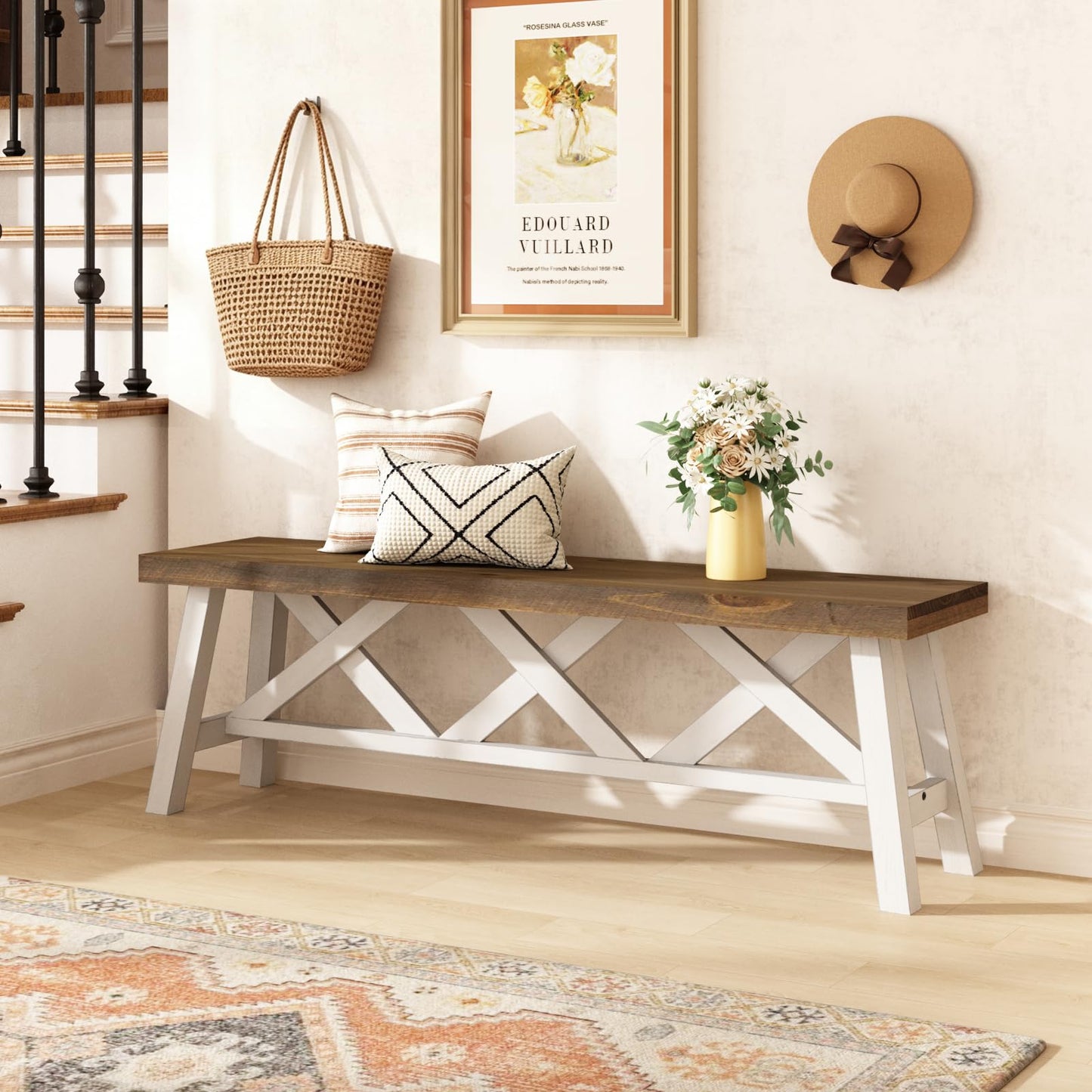 Wnutrees 43"& 54" Farmhouse Wood Bench (2 PCS), Rustic Solid Wood Entryway Benches Seat with Double X-Structure for Dining Area Living Room Hallway White