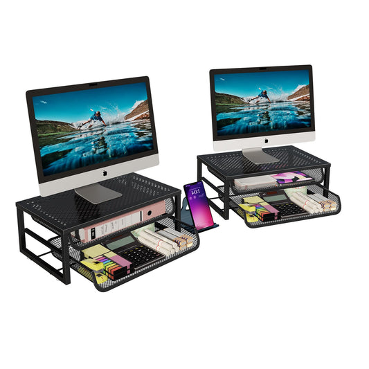 Ekisemio 2-Pack 2-Tier Monitor Stand Riser with Drawer, Metal Computer Desk Organizer for Home Office, Black