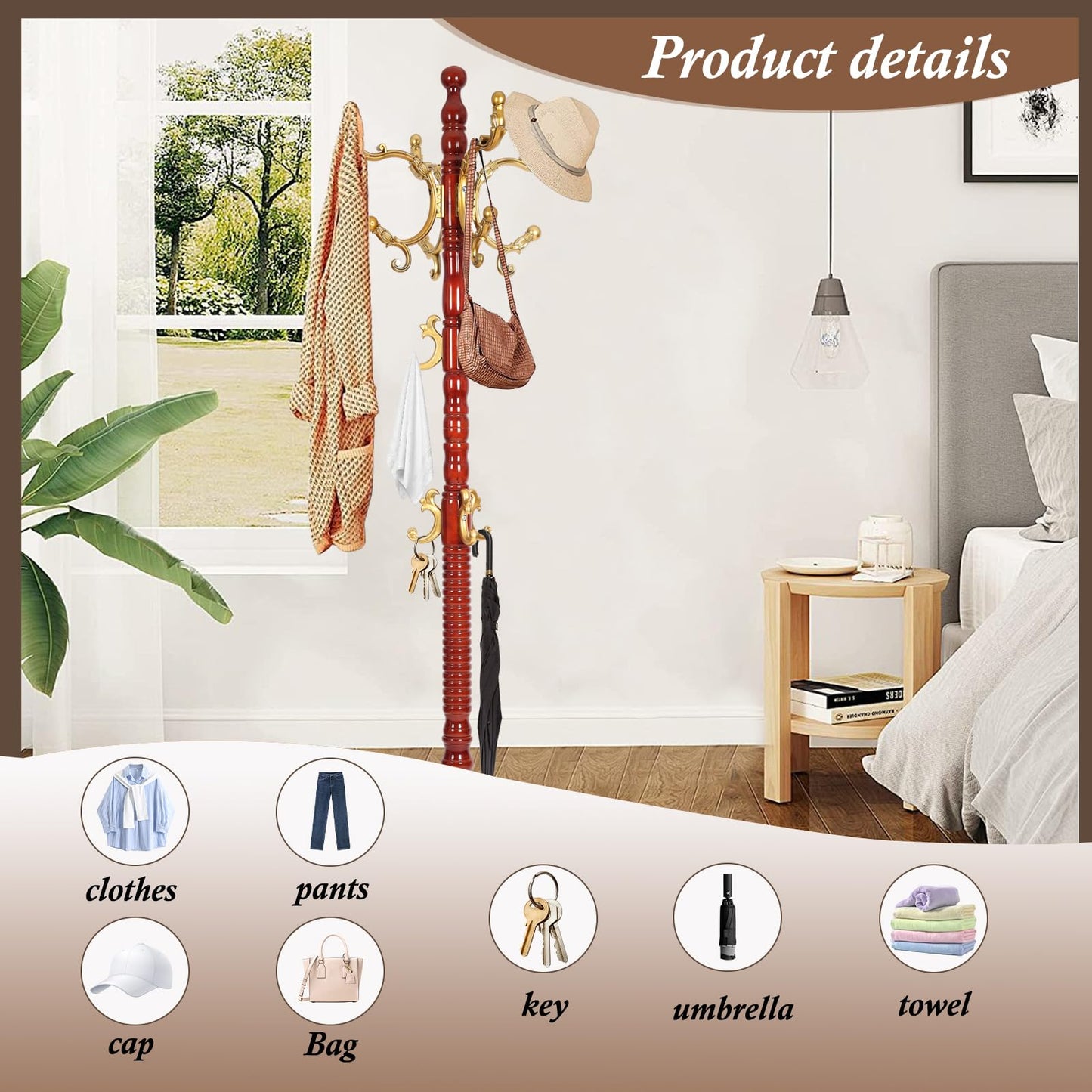 VKETU Wooden Coat Rack Freestanding, Vintage Coat Racks with Sturdy Round Base, Adjustable Height 37.40"-72.83" Entrance Coat Rack for Bedroom Living Room Entryway (Solid wood Begonia)