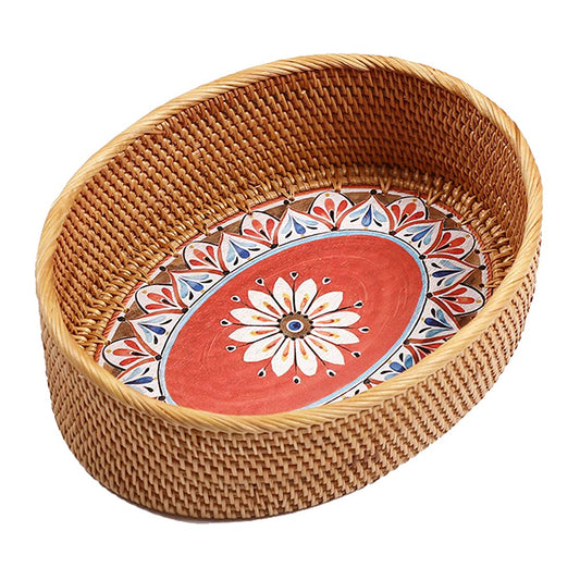 12 inch Oval Rattan Bread Basket, Deep Basket Tray with 4 Inch Wall and Painting Pattern Wooden Bottom, Decorative Wicker Basket Bowl for Coffee Table Décor, Kitchen, Bedroom, Brown, I-lan
