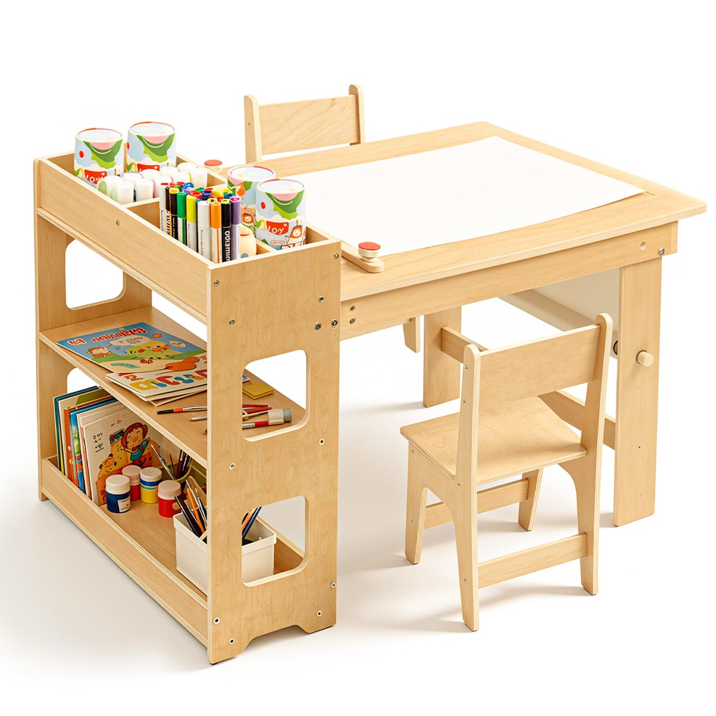 WINGYZ 5 in 1 Kids Art Table and Chairs - Toddler Activity Table and 2 Chair Set with Storage Cabinet, Wooden Kids Craft Table, Art Desk Sensory Table with Paper Roll for Playroom Ages 2-12 Gift