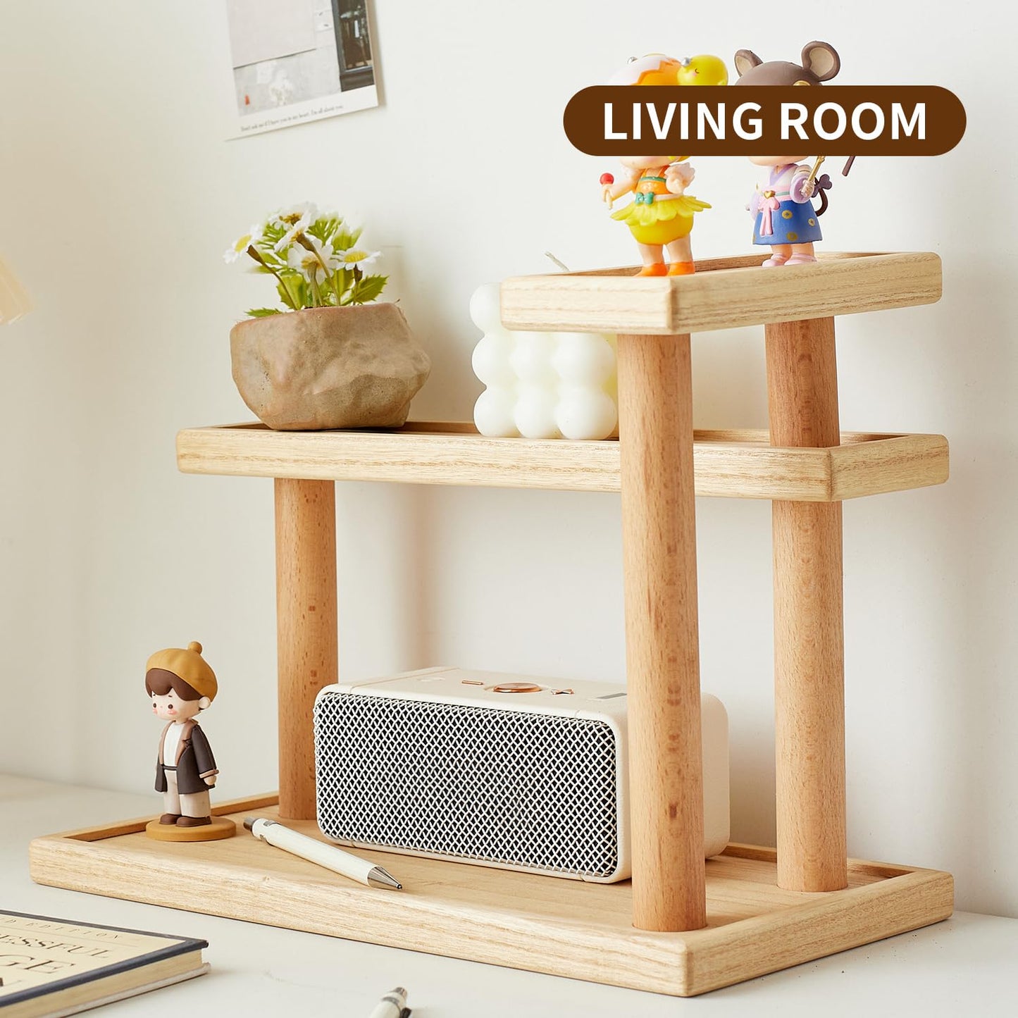KIRIGEN 3-Tier Decor Display Riser, Paulownia Wood Step Shelf with Beech Supports, Wooden Countertop Stand Organizer for Entryway, Bedroom, Vanity for Perfumes, Cosmetics, Jewellery, Keys ZWJ-NA
