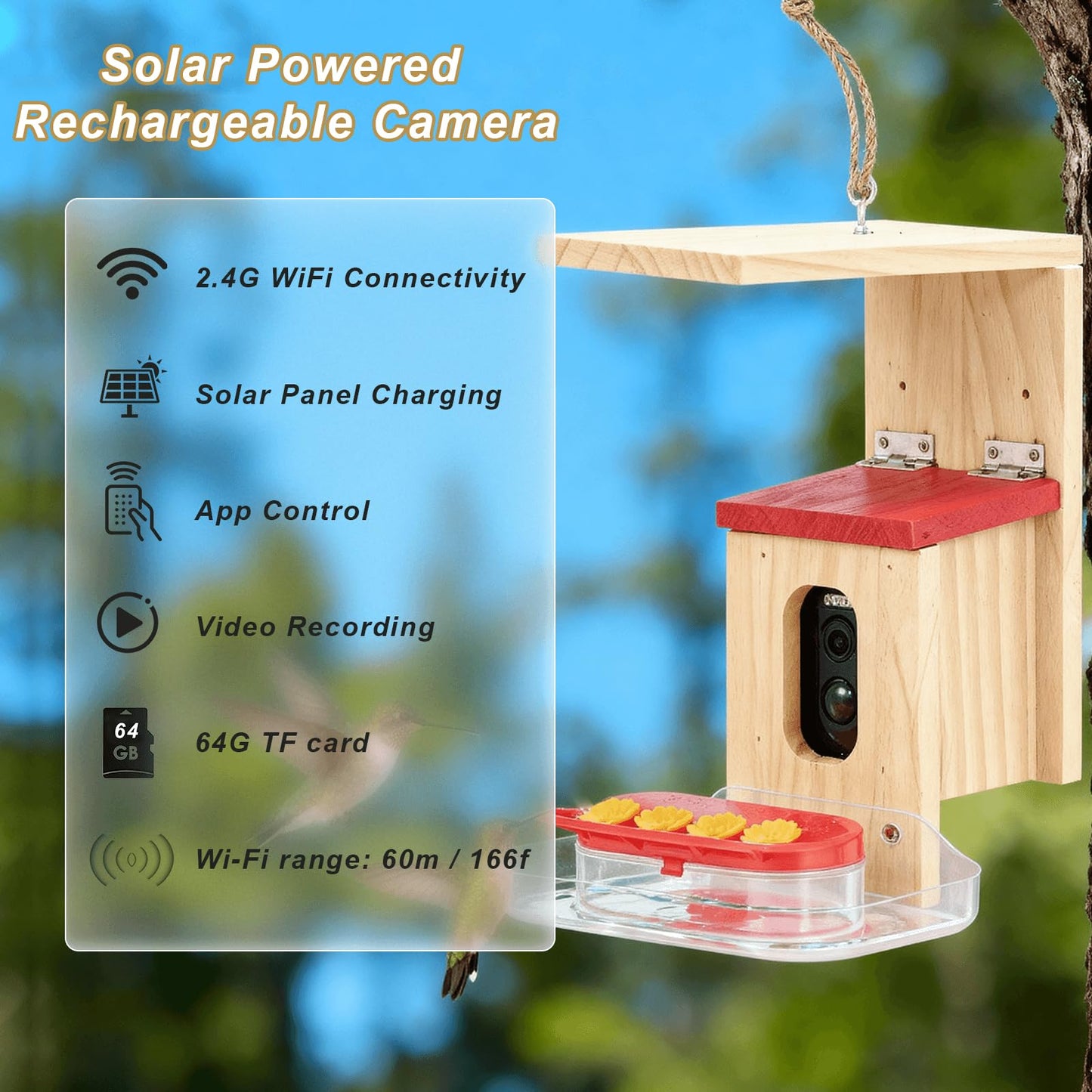 Hummingbird Feeder with Camera Solar Powered, Outdoor Hanging Wooden Smart Hummingbird Feeder, Real-Time View & Motion Detection, for Garden for 2.4g WiFi Coverage Area, for Bird Lovers