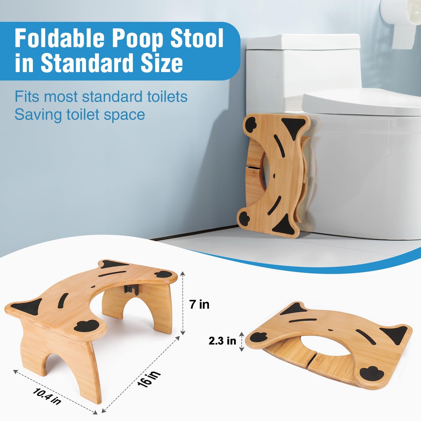 Bamboo Foldable Toilet Stool, 7 Inch Poop Stool for Adults, Non-Slip Squatting Bathroom Stool, Space Saving Potty Stool for Standard Toilets