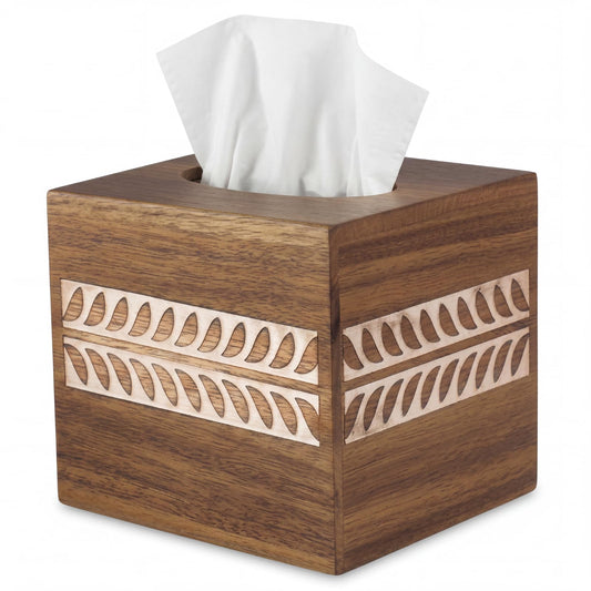 Acellegic Tissue Box Cover Square with Leaf Carving Rustic Farmhouse Wood Napkin Holder Vintage Home Decor Acacia Wood Cube Tissue Box for Tabletop Stands Bathroom Office (5.5" x 5.5" x 6.1")