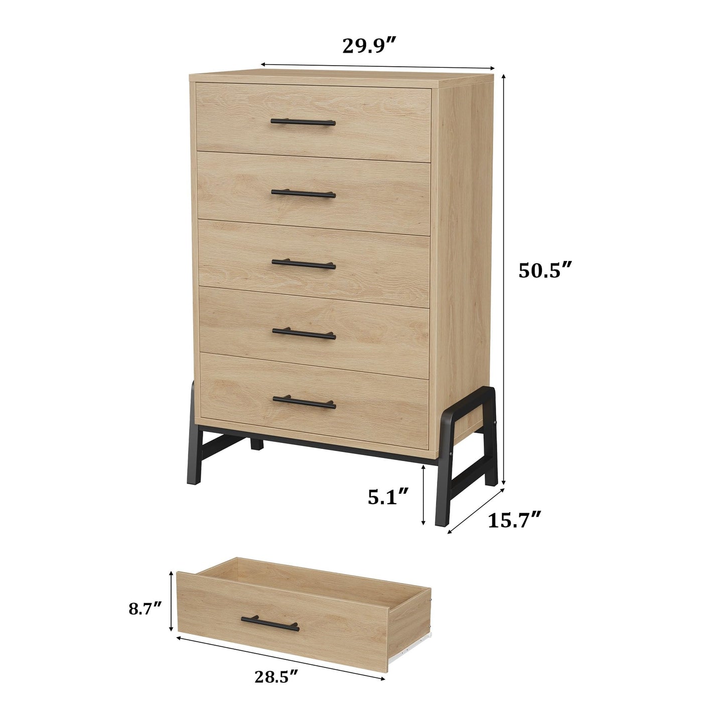 Garvee 5 Dresser for Bedroom, 50.5 in Tall Drawer with Large Storage Space, Freestanding Wooden Closet Storage Dresser Chest for Living Room, Bedroom, Entryway, Natural Oak