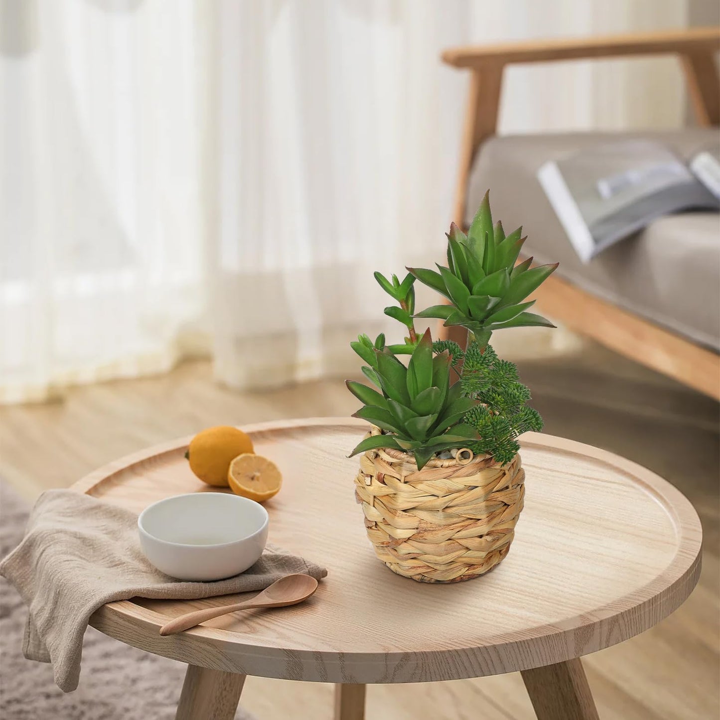 10" Large Succulents Plants Artificial in Wooden Pots, Fake Succulents in Woven Pots, Faux Succulent Artificial Plants Indoor for Home, Bedroom, Living Room, Bathroom Desk Shelf Table Decor