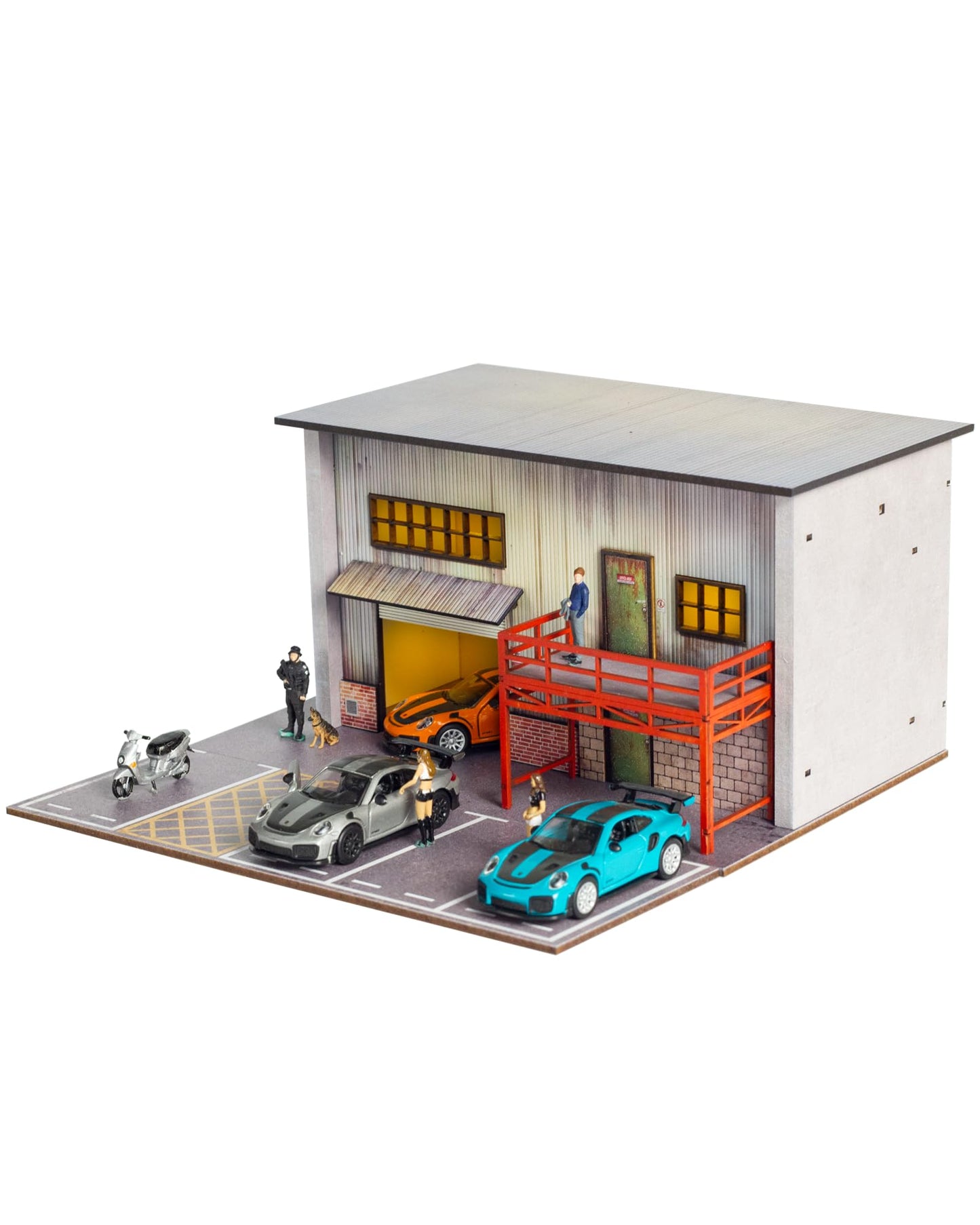 1/64 Scale Diecast Display Case, Wooden American Style Toy Car Garage Model with LED Light, 4-Parking Spaces Diorama Showcase for Hot Wheels and Matchbox Cars Storage