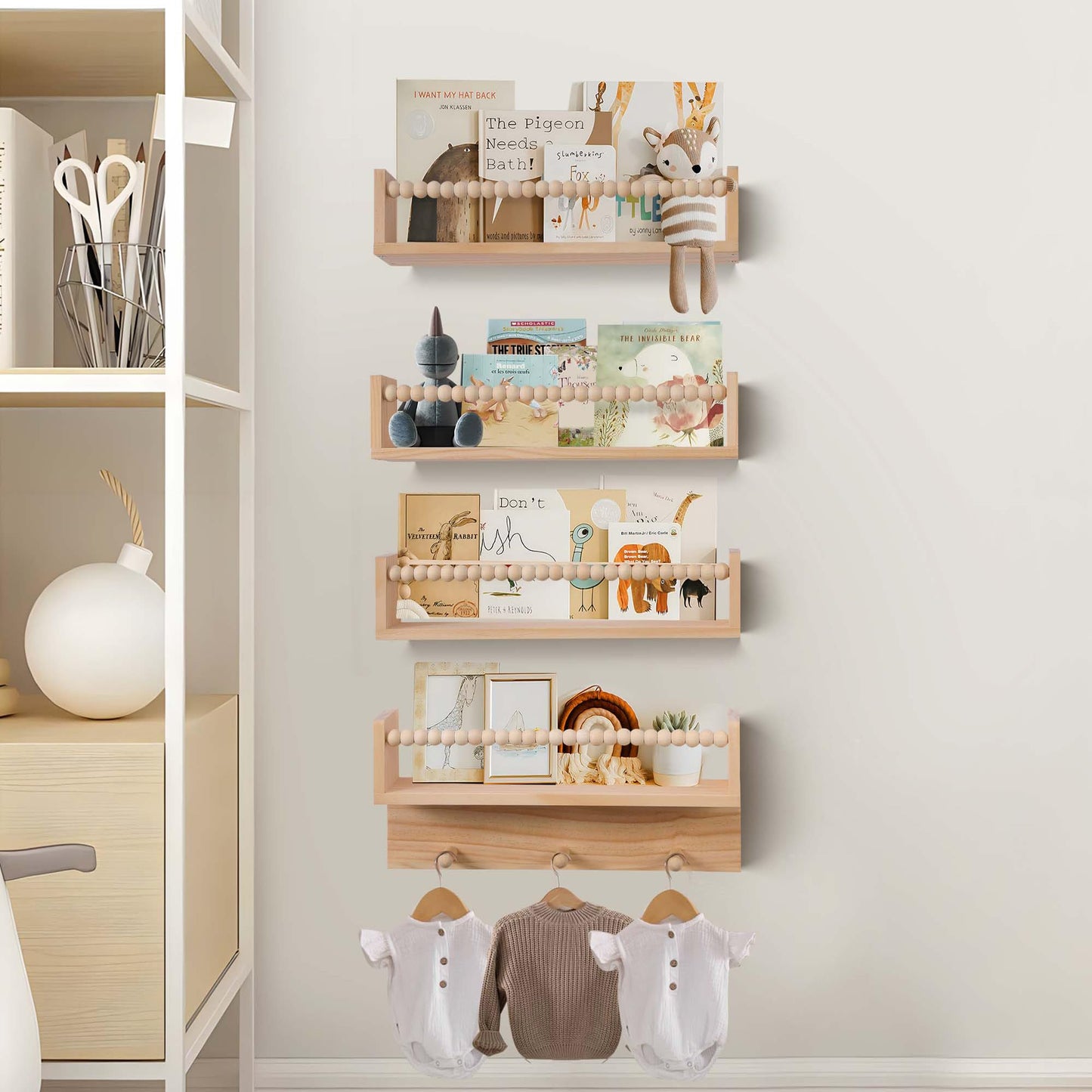 BOMID Wall Bookshelves,Set of 4 Natural Wood Floating Bookshelf,Nursery Shelves,Floating Book Shelves for Wall(Burlywood)