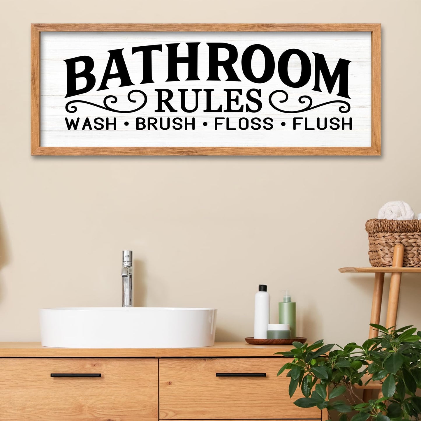 AuraPeak Bathroom Rules Wash Brush Floss Flush Wall Decor Funny Wooden Quote Sign Home Farmhouse Laundry Room Restroom Toilet Shelves Hanging Art Wall Decor (Wood White 32"×12")