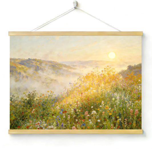 Cibiaini Wildflower Field Canvas Print Wall Art, Vintage Sun Drenched Meadow Landscape Scroll with Solid Wooden Hanger, Cottagecore Floral Wall Decor for Modern Farmhouse Home, 16x24 Inch