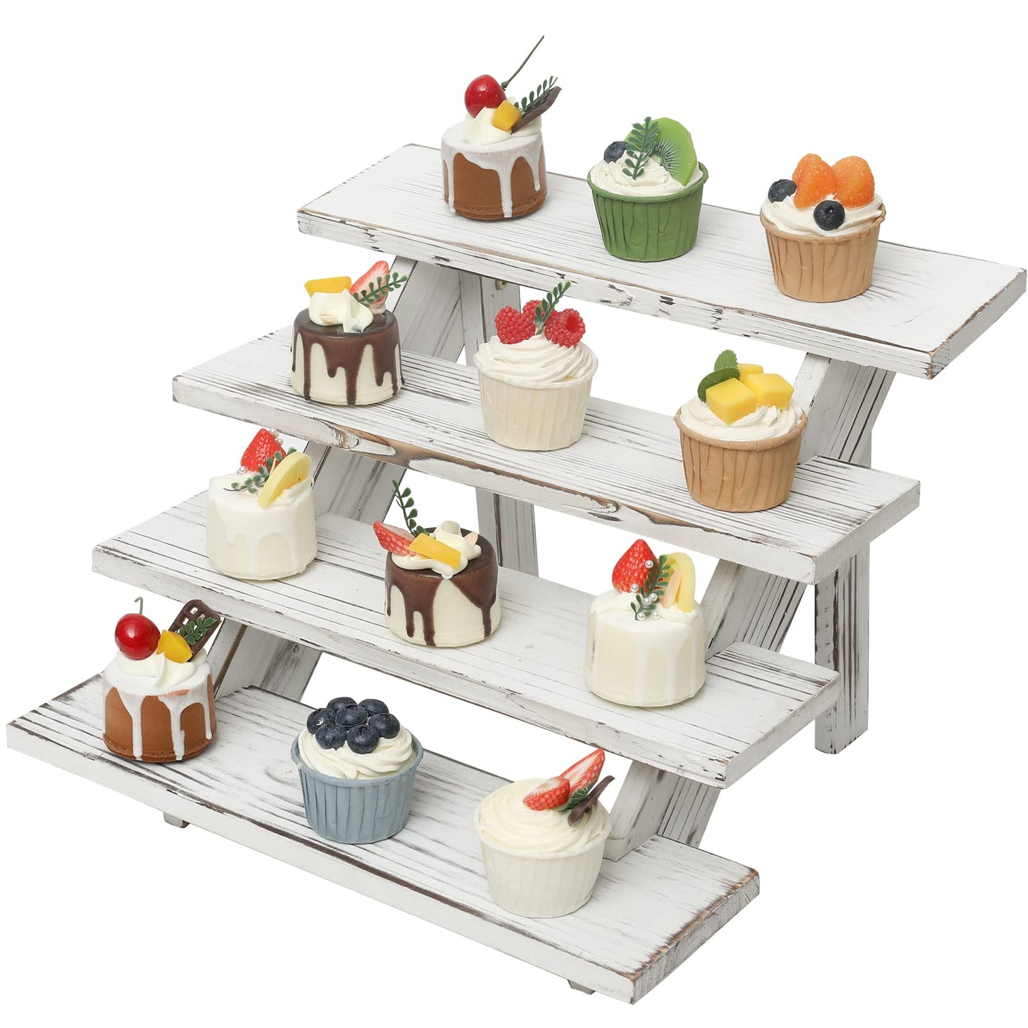 SwallowLiving Wooden Rustic Cupcake Stand for 24 Cupcakes, Stepped Wood Display Stand for Weddings, Tiered Party Table Display Riser for Food , Dessert, Cookie, Decor, Craft Show, White