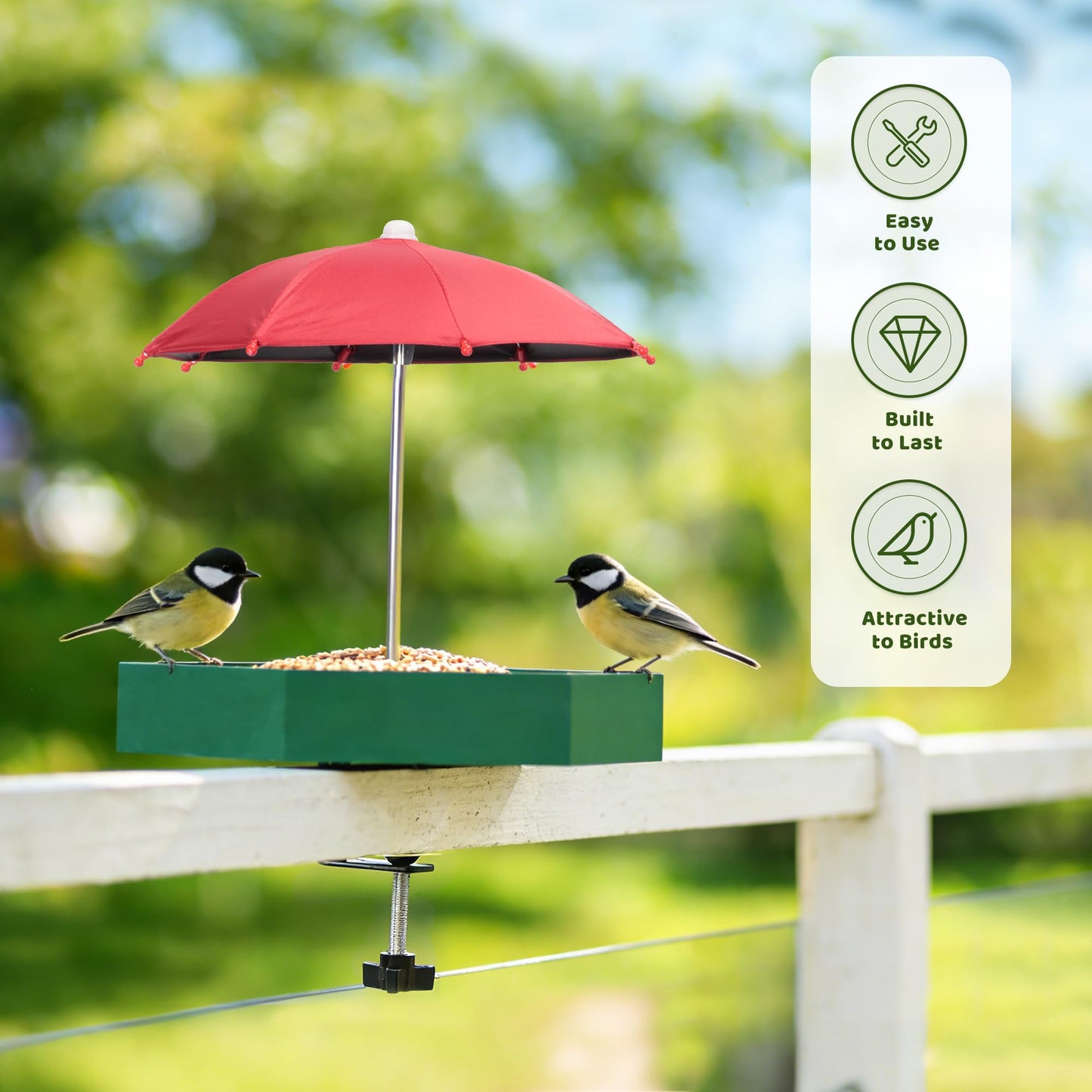 MIXXIDEA Bird Feeder Tray for Railing, Balcony Platform Deck Bird Feeders for Outside, Sturdy Wooden Birds Feeder for Attracting Wild Birds (Green)