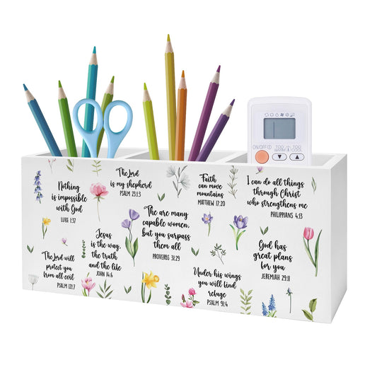 Exqcom Inspirational Floral Bible Verses Pen Pencil Holder, Christian Office Desk Decor, Religious Scripture Pencil Pen Holder Organizer for Home Office, Desk Accessories for Women