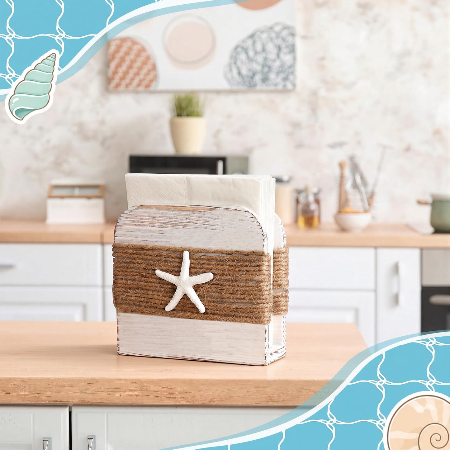 Ferrochef 2 Pack Coastal Natural Napkin Holder for Table, Beach Theme White Wooden Napkin Holders Tissue Dispenser for Table Kitchen Dining Coastal Room Home Decor