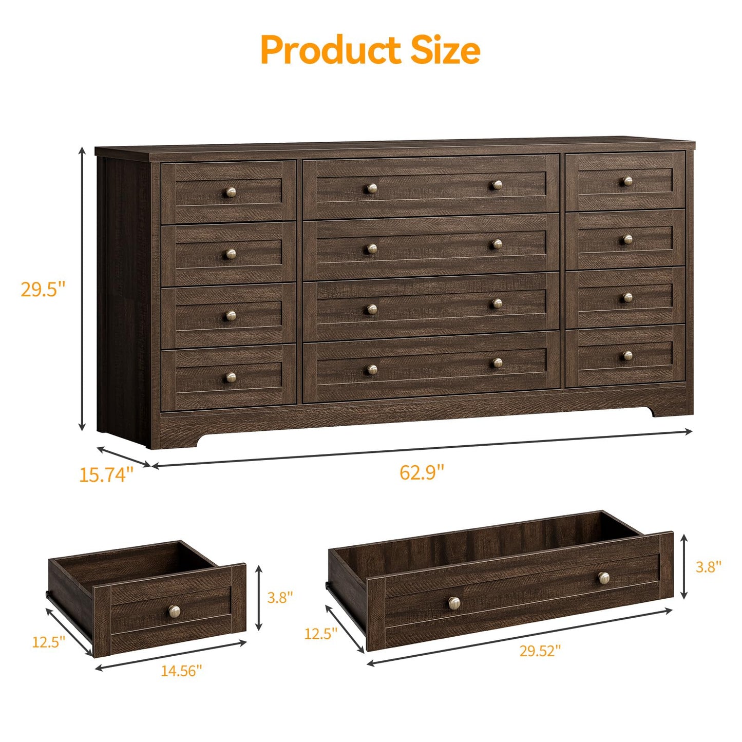 Garvee 12 Drawer Wooden Dressers for Bedroom, Brown Dresser for Adult Bedroom, Modern Wood Chest of Drawers for Living Room, Closet, Entryway, Hallway, Farmhouse Wide TV Stand for 65 Inch TV