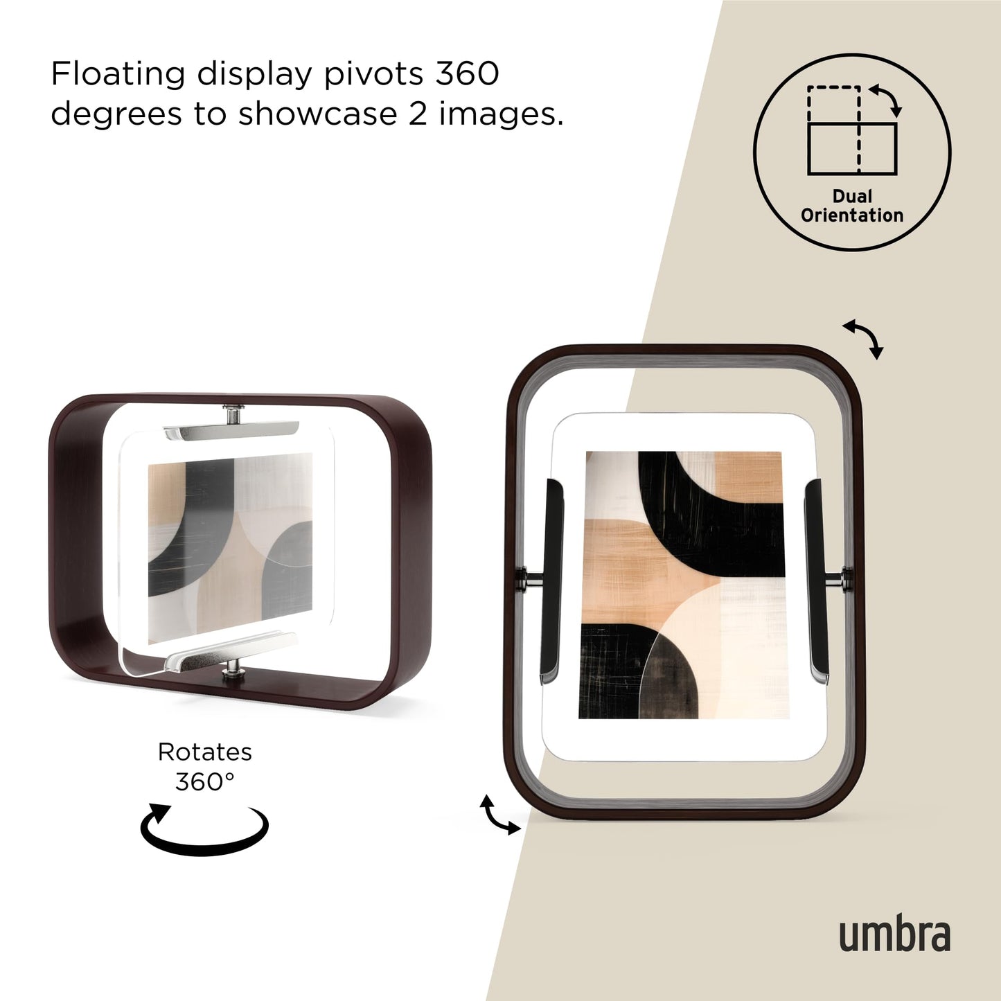 Umbra Bellwood 4x6 Desk Picture Frame – Double Sided Rotating Wooden Photo Frame with 360-Degree Pivot, Tabletop Display for Portrait or Landscape Photos – Aged Walnut