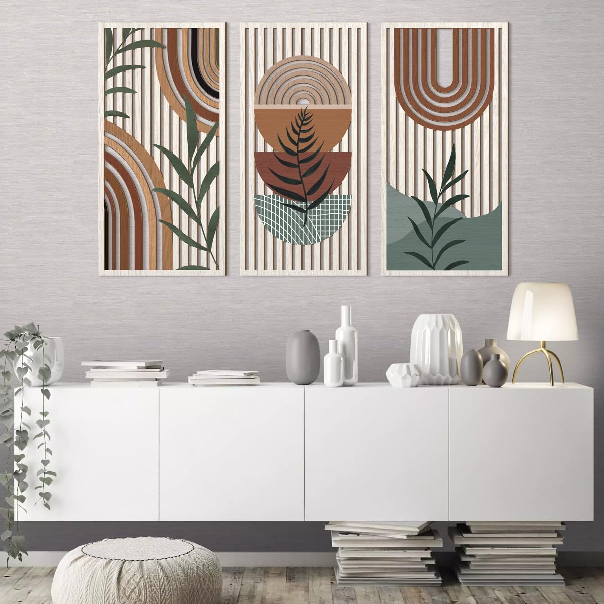 IARTTOP Large Boho Wood Wall Art 16x32 Inch Mid Century Modern Bohemian Wooden Wall Decor Brown Minimalist Geometric Plant Decor for Bedroom Living Room Dining room Set of 3