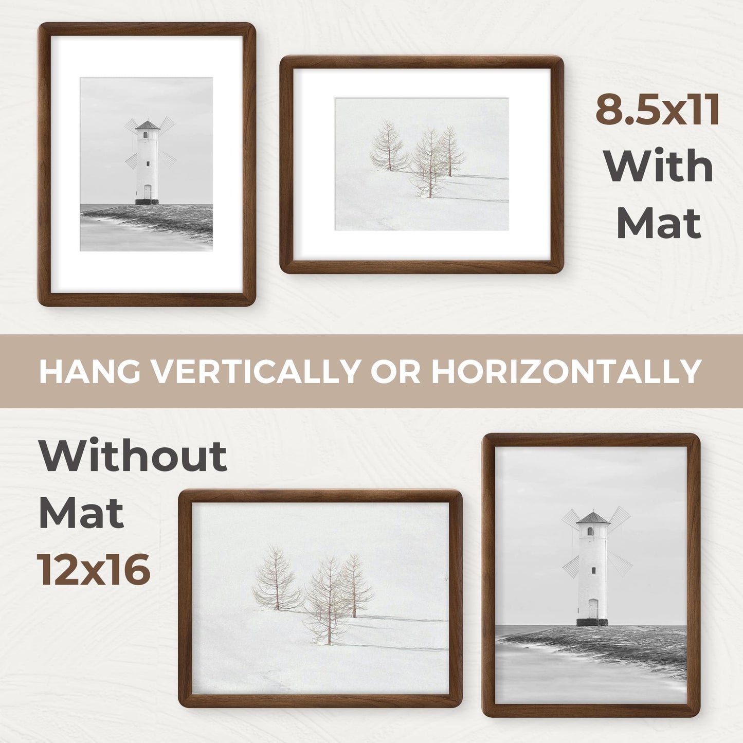 12x16 Picture Frame, USA-Sourced Walnut Wood Photo Frame with HD Tempered Glass, Handcrafted Rustic Farmhouse Wooden Frame for Wall & Tabletop Display, Matted to 8.5x11