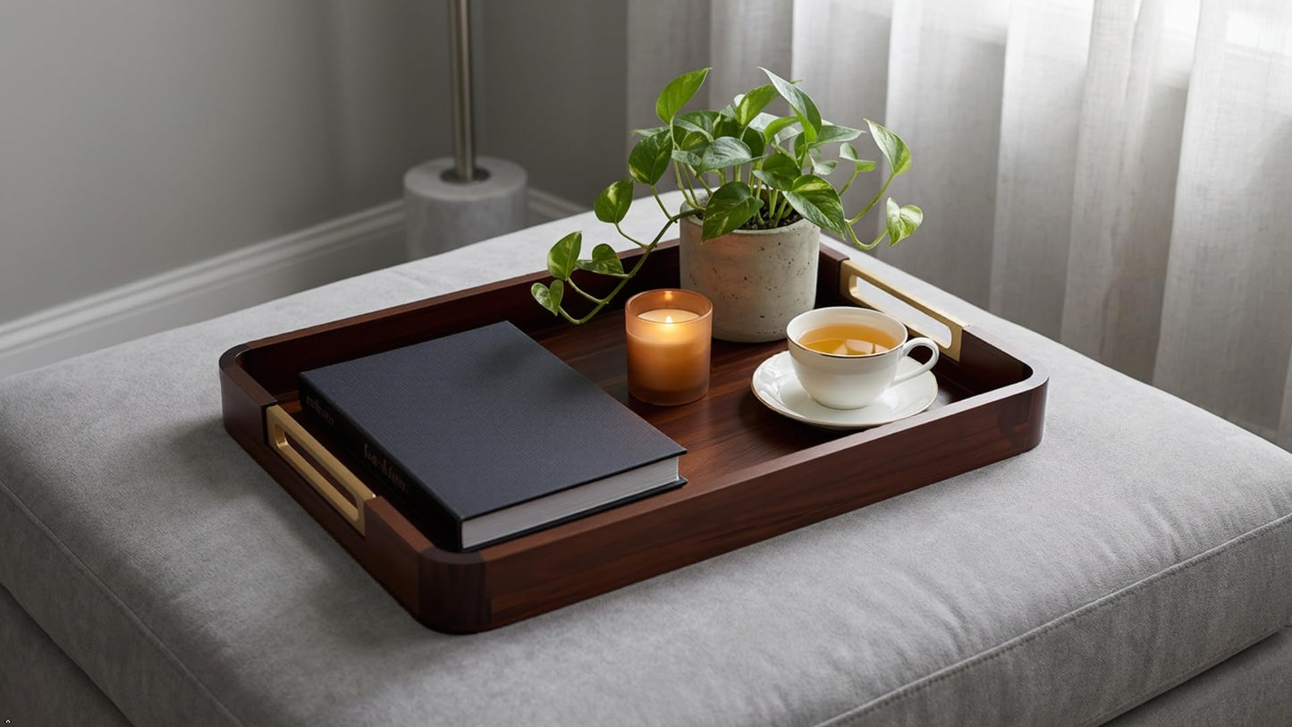 SARA NEST Premium Acacia Wooden Decorative Serving Tray with Gold-Tone Aluminum Handles, Versatile Serving Tray for Ottoman, Coffee Table, Living Room, Kitchen, Designed for Organizing & Home Decor