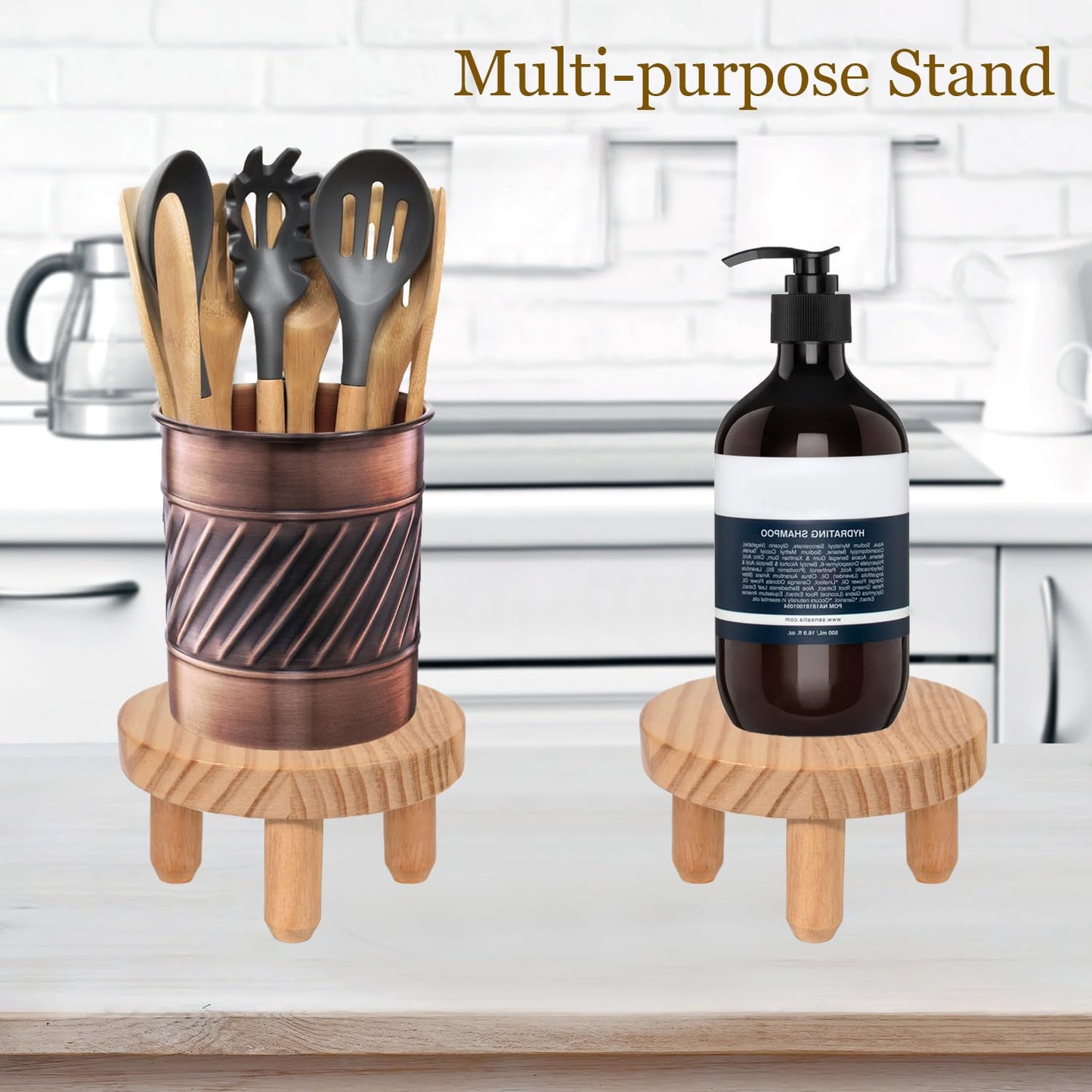 ARTORA Small Wooden Riser, Decorative Round Wood Desktop Plant Stand Mid Century Kitchen Counter Pedestal Stand for Centerpiece Pet Bowl Holder (Natural, 2 Pack)