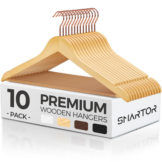 Smartor Wooden Hangers 10 Pack, Solid Wood Coat Hanger for Closet, Heavy Duty Wood Hangers for Suits, Shirts, Dresses, with 360° Rose Gold Hook, Non Slip Pant Bar, Natural