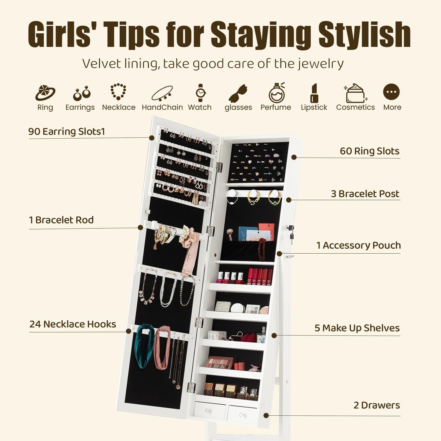 HAPPYMONT Freestanding Jewelry Armoire Cabinet with Full Length Mirror, 47.3" Tall Lockable Jewelry Cabinet, Large Capacity Makeup Organizer with Velvet Lining, 3 Adjustable Angles, Brown