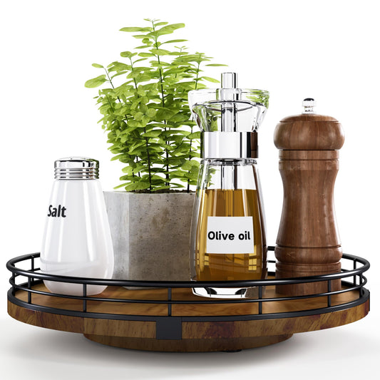 Farmhouse Oak 10" Lazy Susan Turntable Organizer for Cabinet, Round Wooden Lazy Susan Organization and Storage for Dining Table, Pantry, Kitchen, Countertop, Cupboard,Home Decor, Walnut Wood