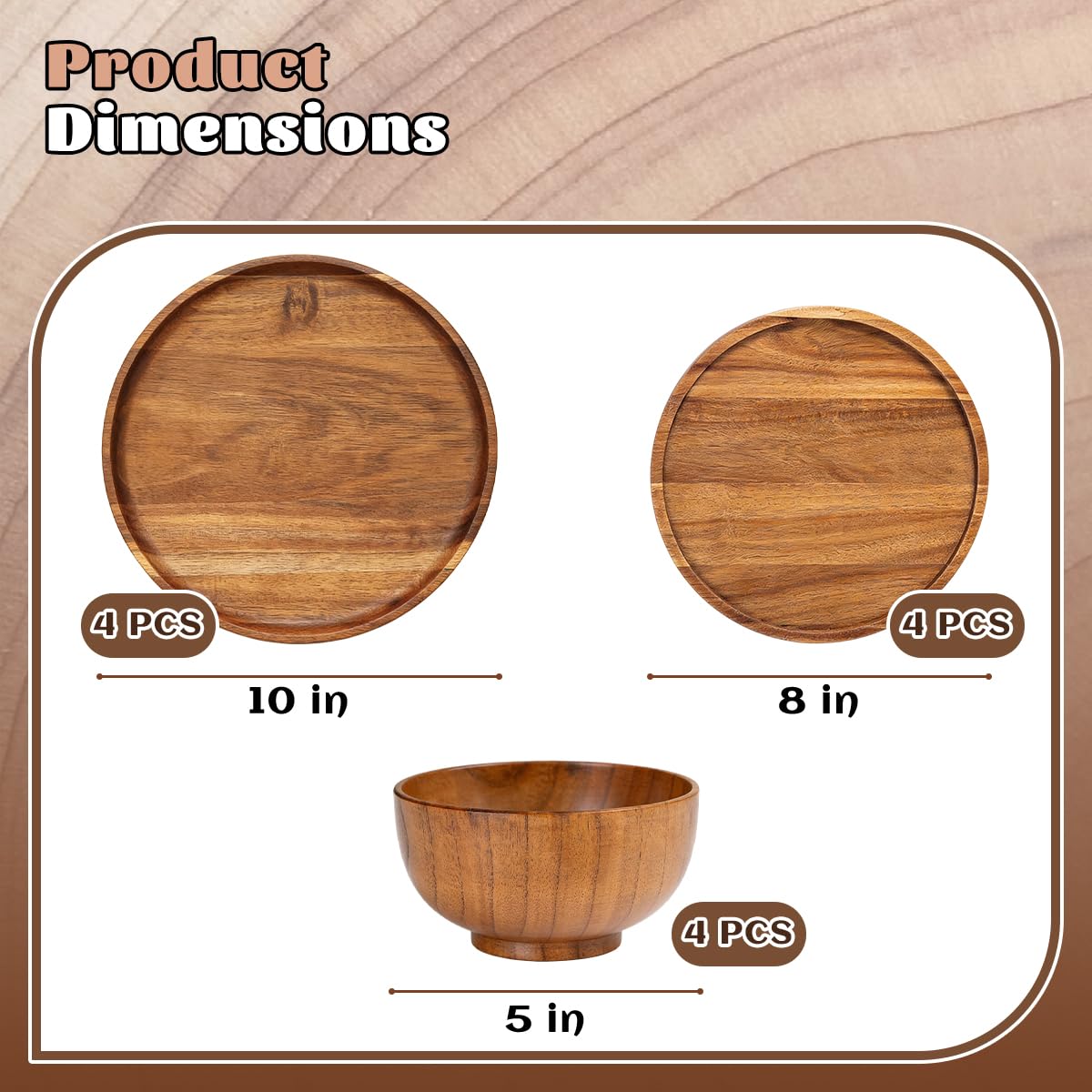 12 Pcs Wood Dinnerware Set,8 Inch 10 Inch Round Wooden Plates and wooden bowl,4 Person Set of Wooden Dinner Ware Set for Main Meals,Snacks and Desserts