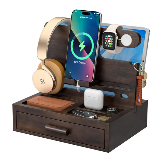 Sephyroth Rustic Wooden Phone Stand Organizer with Drawer Storage, Brown