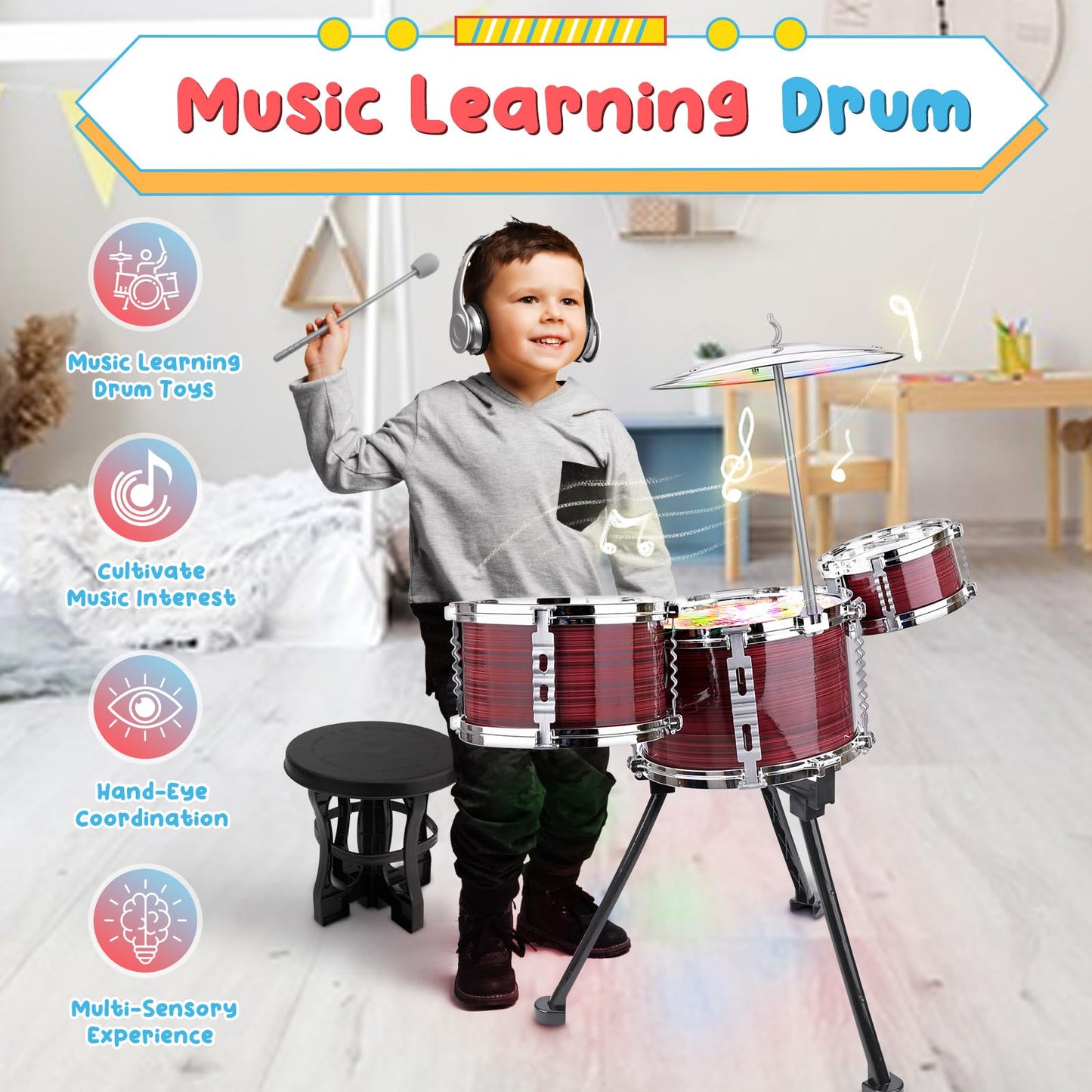 Upgraded Toddler Drum Set with Lights Kids Jazz Drum Kit, Musical Instrument Toys for Toddler 3-5 Boys Girls Christmas Birthday Gift