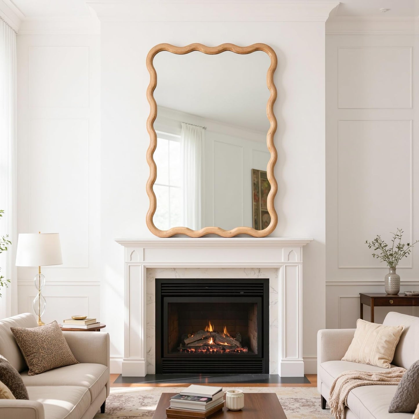 H HOMEWINS Natural Rectangular Mirror for Wall 20x28 Inch Wooden Wavy Bathroom Farmhouse Country Vanity Large Irregular Mirror for Nursery Entryway Living Room