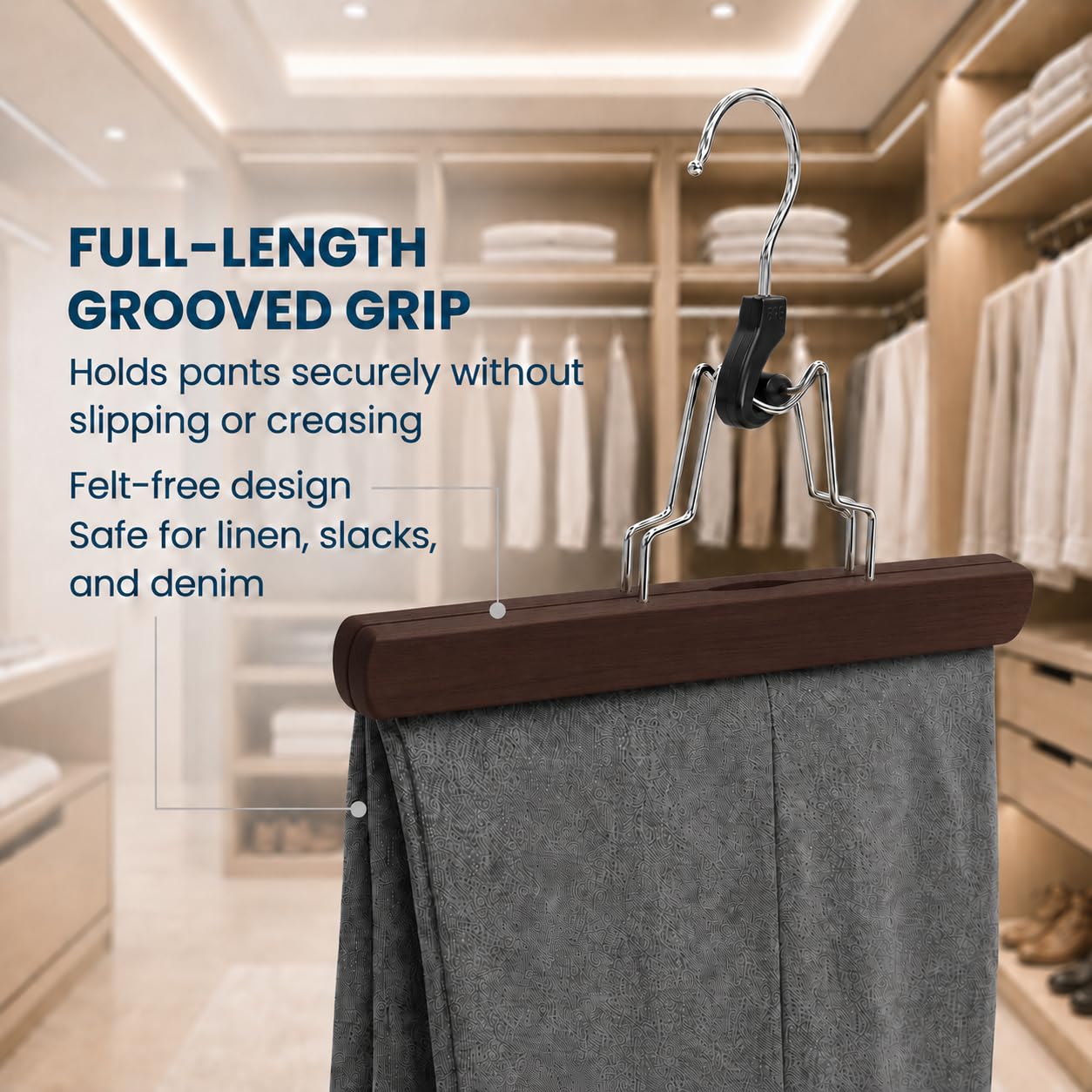 Richards Wooden Pants Hangers - Wood Skirt Hangers - 6 Pack - for Men Shorts and Pants and Women Dress Clothes - Non Slip Slim Closet Space Saving- Walnut
